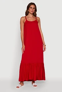 Womens Elegant Braided Sleeve Tiered Maxi Dress, Red, Size S