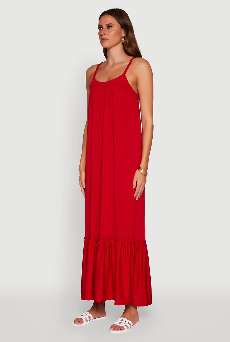 Womens Elegant Braided Sleeve Tiered Maxi Dress, Red, Size S