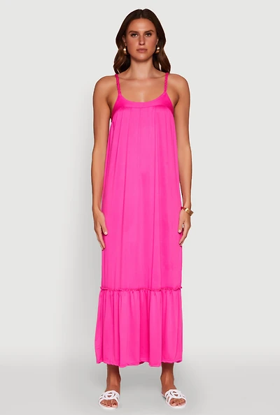Womens Elegant Braided Sleeve Tiered Maxi Dress, Pink, Size M