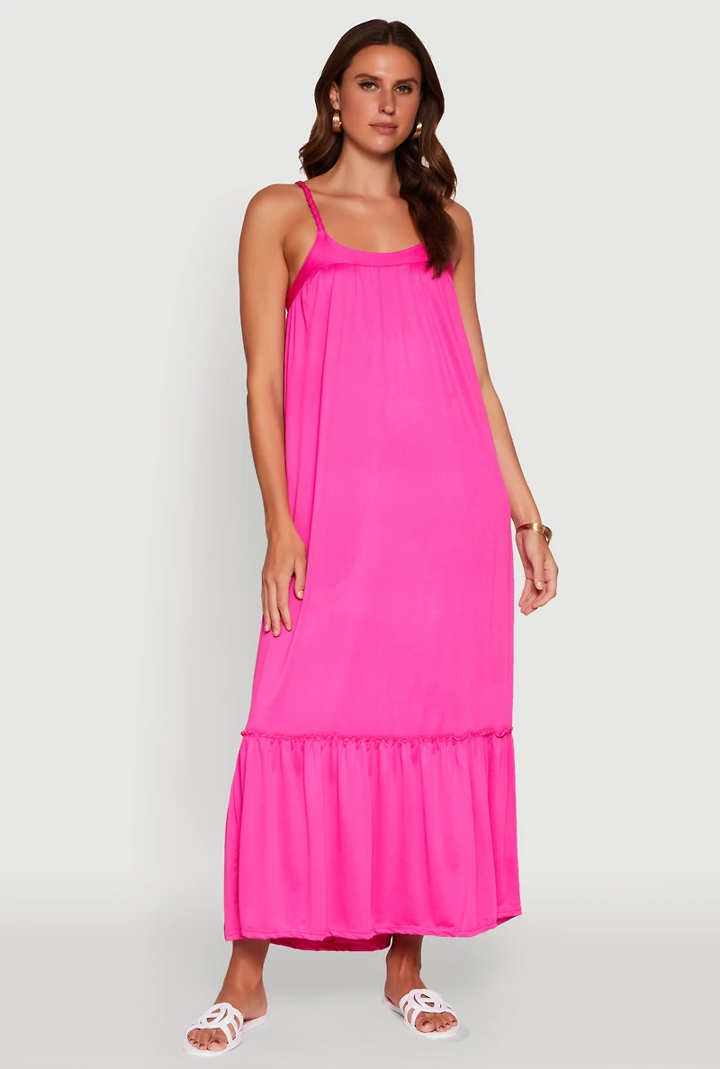 Womens Elegant Braided Sleeve Tiered Maxi Dress, Pink, Size M