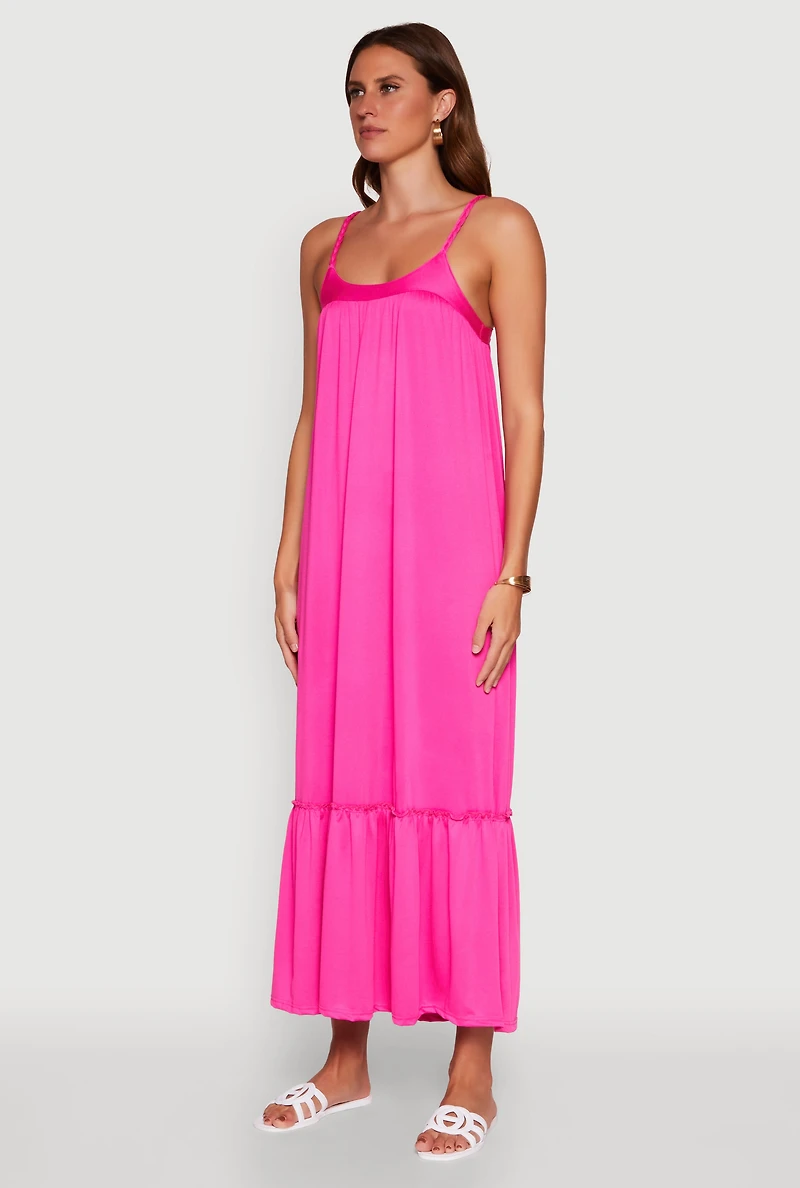 Womens Elegant Braided Sleeve Tiered Maxi Dress, Pink, Size M