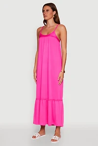 Womens Elegant Braided Sleeve Tiered Maxi Dress, Pink, Size M