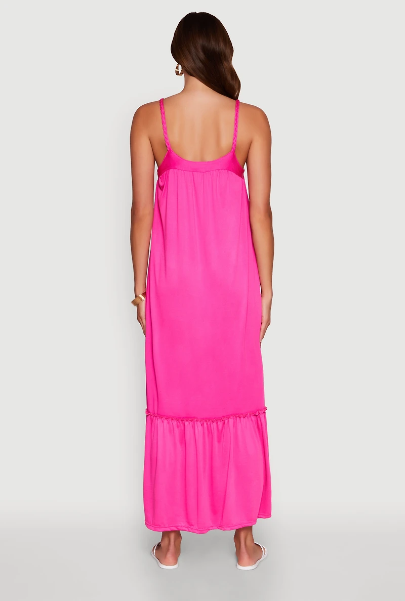 Womens Elegant Braided Sleeve Tiered Maxi Dress, Pink, Size M