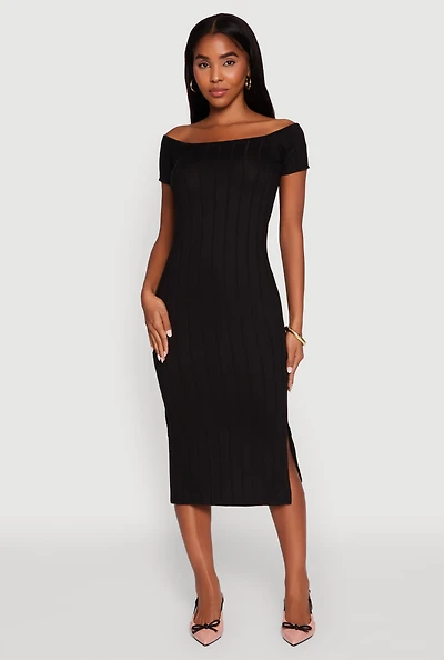 Womens Rib Knit Side Slit Off The Shoulder Dress,