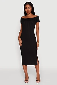 Womens Rib Knit Side Slit Off The Shoulder Dress, Black, Size L
