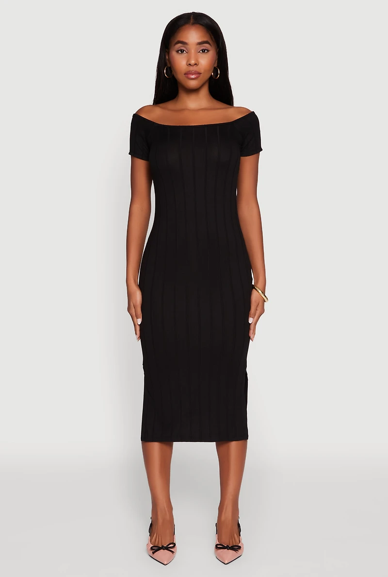 Womens Rib Knit Side Slit Off The Shoulder Dress, Black, Size L