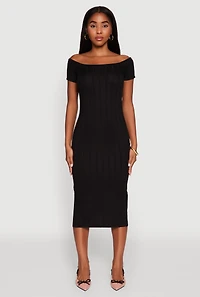 Womens Rib Knit Side Slit Off The Shoulder Dress, S