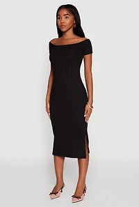 Womens Rib Knit Side Slit Off The Shoulder Dress,