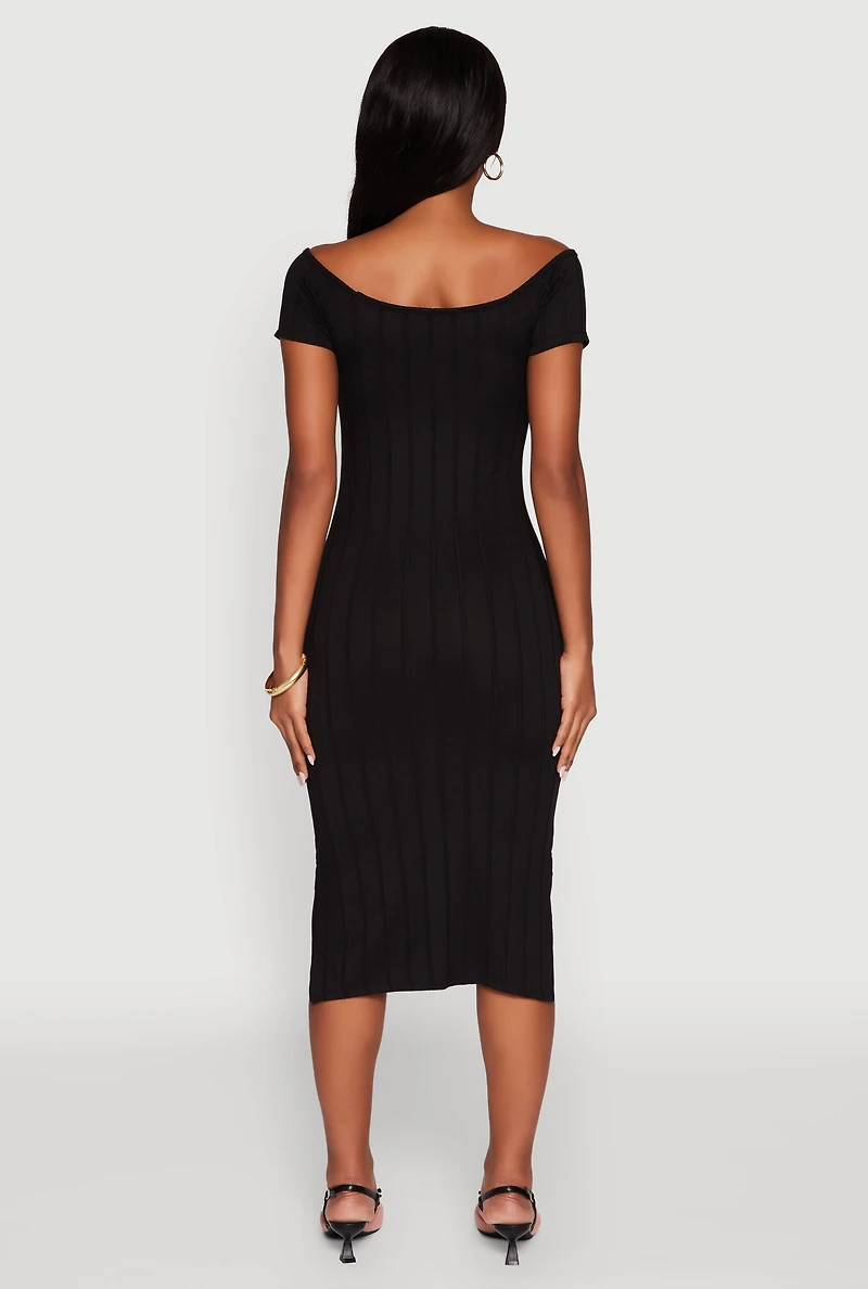 Womens Rib Knit Side Slit Off The Shoulder Dress, Black, Size L