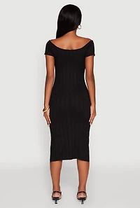 Womens Rib Knit Side Slit Off The Shoulder Dress, S