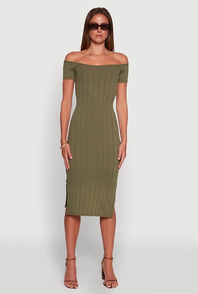 Womens Rib Knit Side Slit Off The Shoulder Dress, Green, Size L