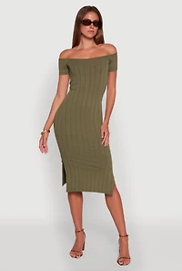 Womens Rib Knit Side Slit Off The Shoulder Dress, Green, Size L