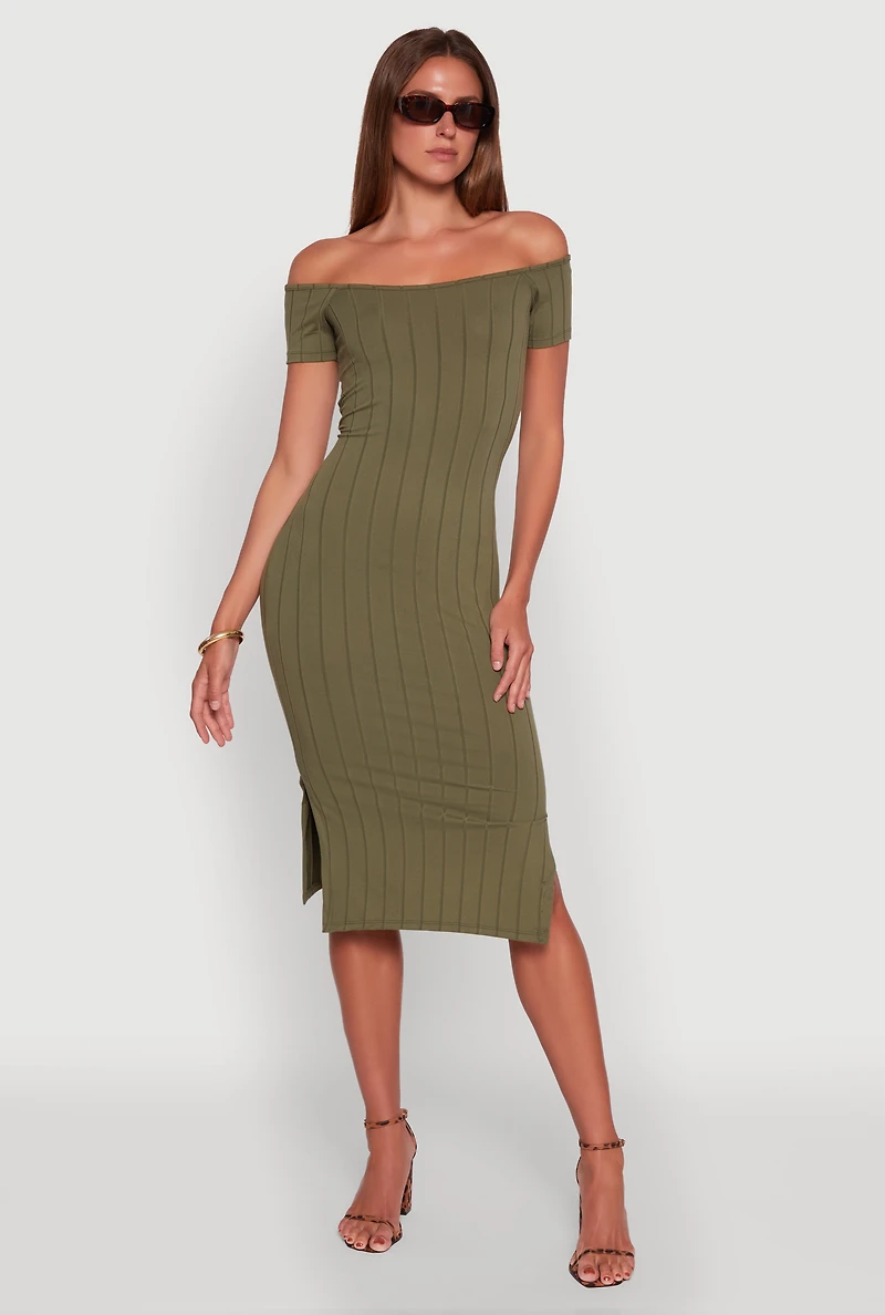 Womens Rib Knit Side Slit Off The Shoulder Dress, Green, Size M