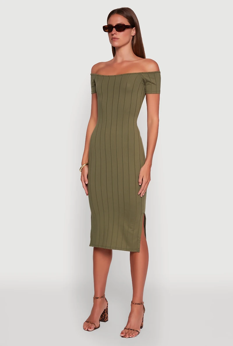 Womens Rib Knit Side Slit Off The Shoulder Dress, Green, Size M