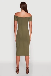 Womens Rib Knit Side Slit Off The Shoulder Dress, Green, Size L