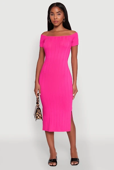 Womens Rib Knit Side Slit Off The Shoulder Dress, Pink, Size S