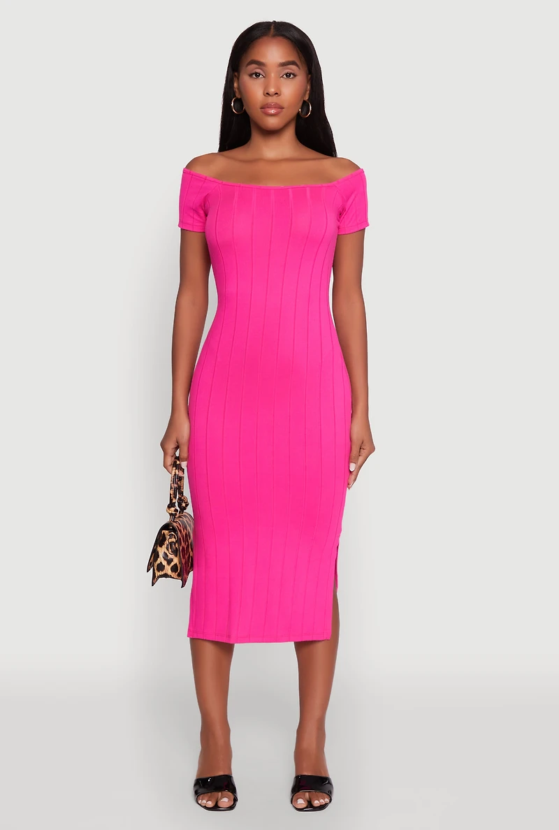 Womens Rib Knit Side Slit Off The Shoulder Dress, Pink, Size S