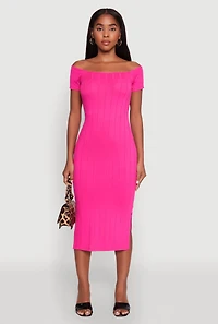 Womens Rib Knit Side Slit Off The Shoulder Dress, Pink, Size S