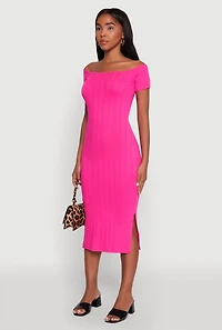 Womens Rib Knit Side Slit Off The Shoulder Dress, Pink, Size S