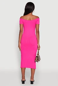 Womens Rib Knit Side Slit Off The Shoulder Dress, Pink, Size S