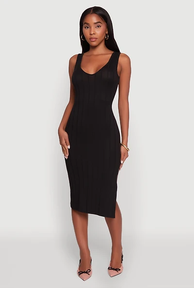 Womens Trendy Rib Knit V-Neck Side Slit Tank Dress, Black, Size M