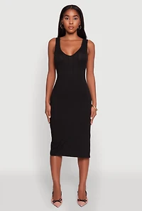 Womens Trendy Rib Knit V-Neck Side Slit Tank Dress, Black, Size M