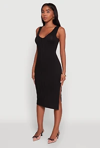Womens Trendy Rib Knit V-Neck Side Slit Tank Dress, Black, Size M