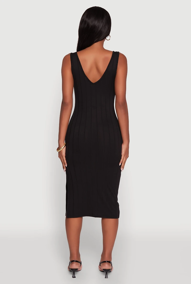 Womens Trendy Rib Knit V-Neck Side Slit Tank Dress, Black, Size M