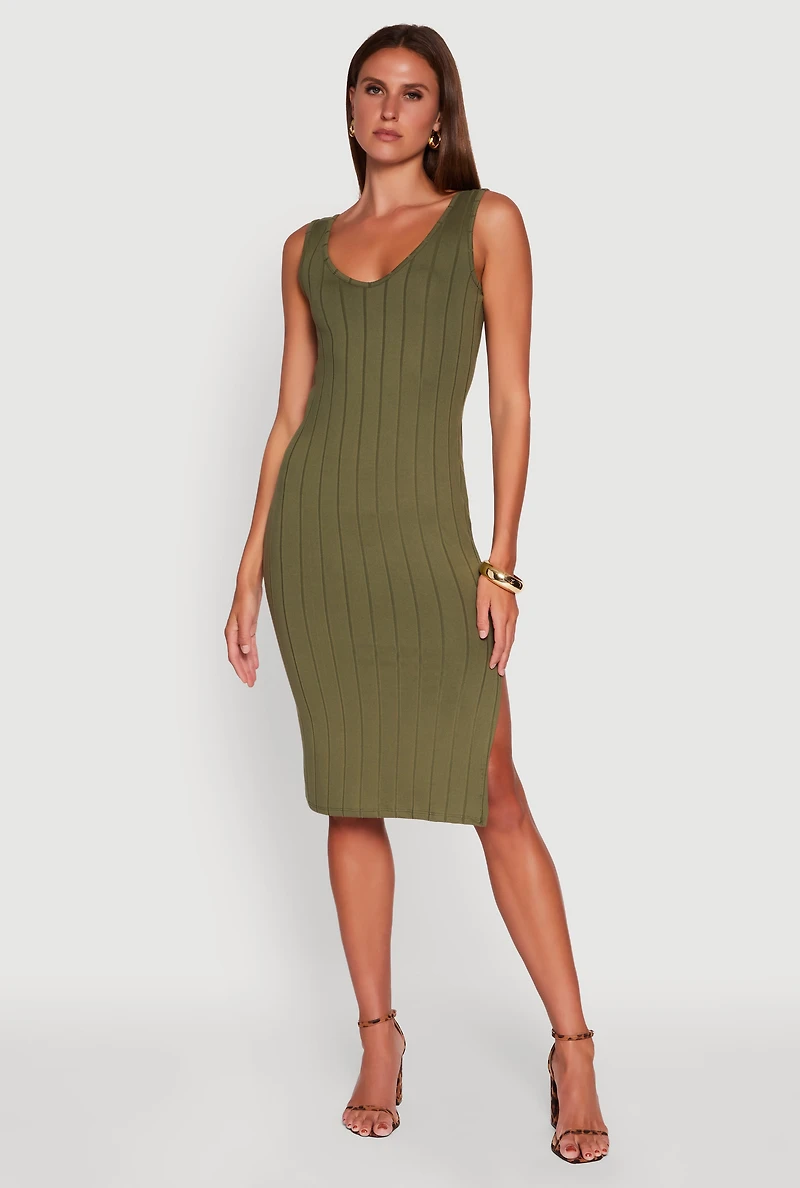 Womens Trendy Rib Knit V-Neck Side Slit Tank Dress,