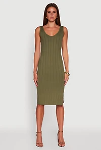 Womens Trendy Rib Knit V-Neck Side Slit Tank Dress, Green, Size M