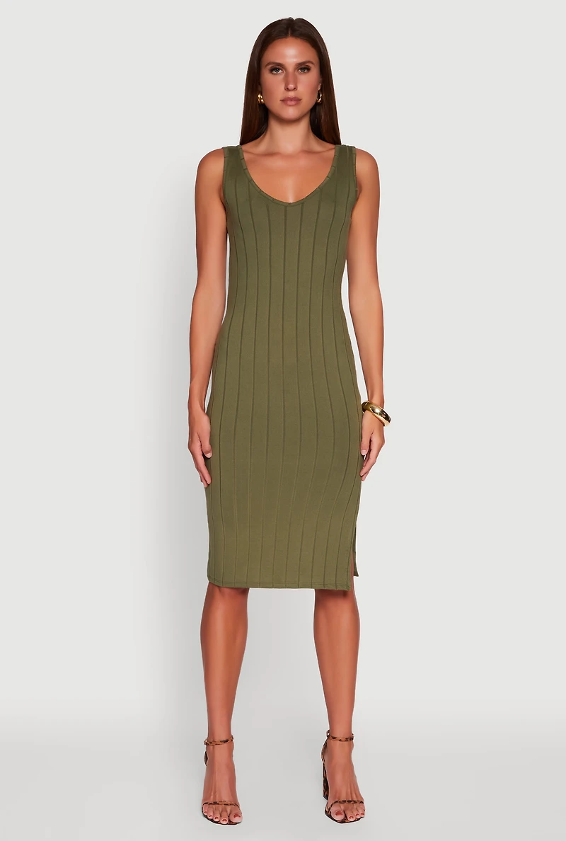Womens Trendy Rib Knit V-Neck Side Slit Tank Dress,