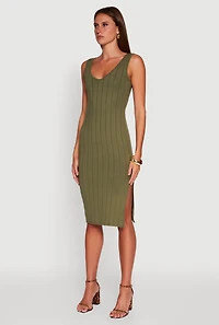 Womens Trendy Rib Knit V-Neck Side Slit Tank Dress, Green, Size M