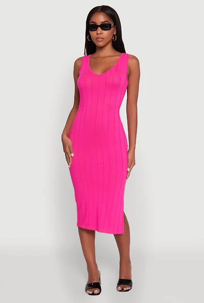 Womens Trendy Rib Knit V-Neck Side Slit Tank Dress, Pink, Size L