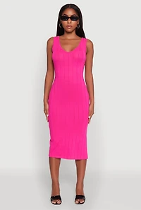 Womens Trendy Rib Knit V-Neck Side Slit Tank Dress, Pink, Size L