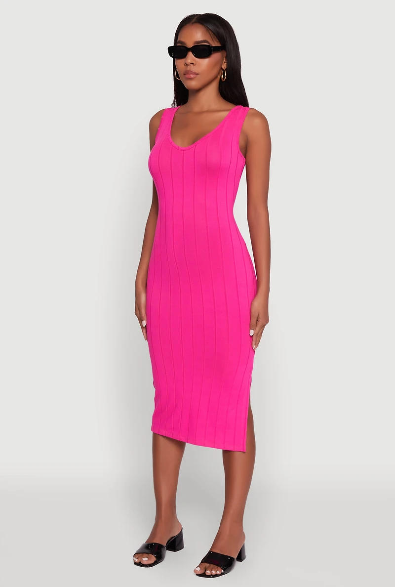 Womens Trendy Rib Knit V-Neck Side Slit Tank Dress, Pink, Size L