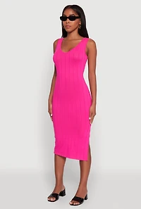 Womens Trendy Rib Knit V-Neck Side Slit Tank Dress, Pink, Size L