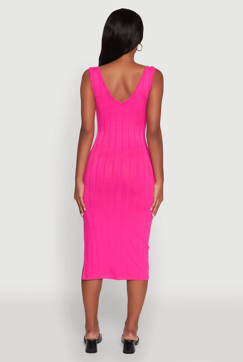 Womens Trendy Rib Knit V-Neck Side Slit Tank Dress, Pink, Size L