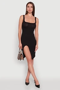 Womens Trendy Ribbed Knit Square Neck Sleeveless Dress, Black,