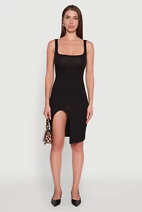 Womens Trendy Ribbed Knit Square Neck Sleeveless Dress,