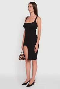 Womens Trendy Ribbed Knit Square Neck Sleeveless Dress, Black,