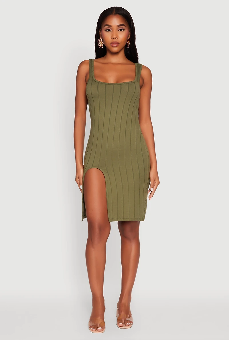 Womens Trendy Ribbed Knit Square Neck Sleeveless Dress, Green, Size XL