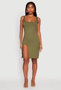 Womens Trendy Ribbed Knit Square Neck Sleeveless Dress, Green, Size L