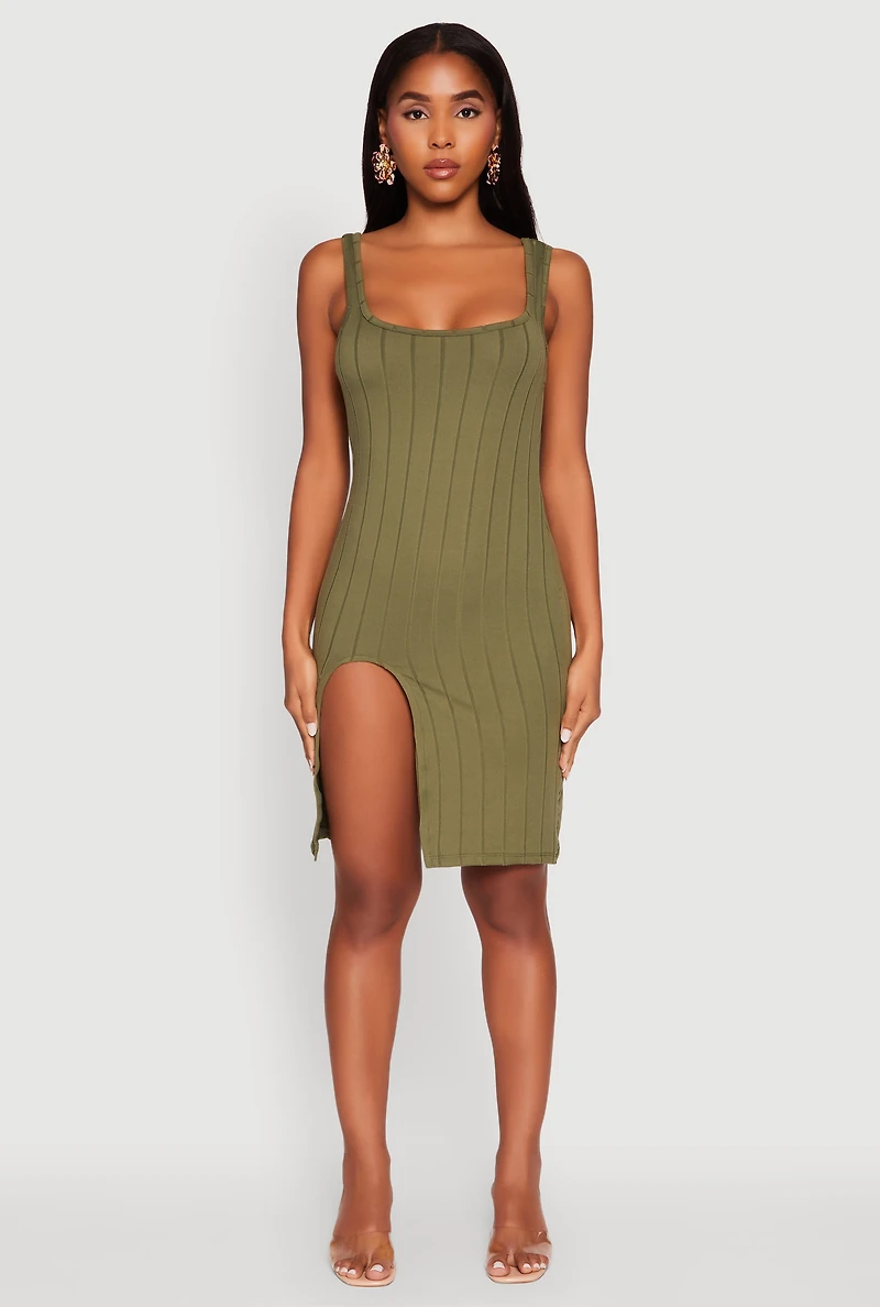 Womens Trendy Ribbed Knit Square Neck Sleeveless Dress, Green, Size XL