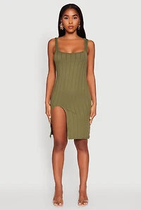 Womens Trendy Ribbed Knit Square Neck Sleeveless Dress, Green, Size XL