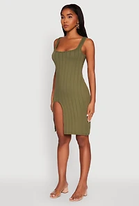 Womens Trendy Ribbed Knit Square Neck Sleeveless Dress, Green, Size L