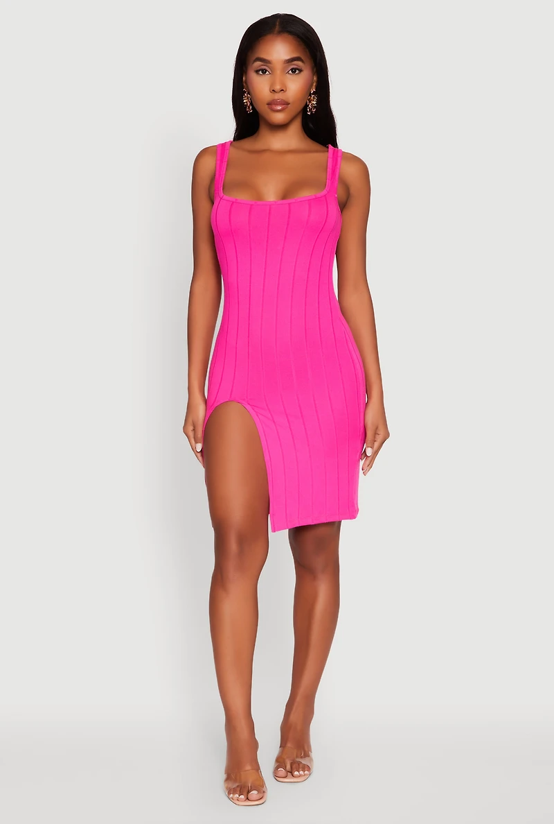 Trendy Ribbed Knit Square Neck Sleeveless Dress