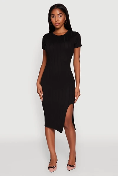 Womens Ribbed Knit Shadow Stripe Midi T-Shirt Dress,