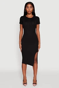 Womens Ribbed Knit Shadow Stripe Midi T-Shirt Dress,