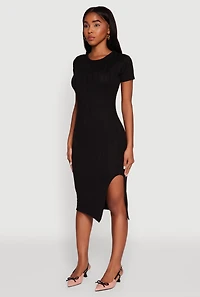 Womens Ribbed Knit Shadow Stripe Midi T-Shirt Dress,