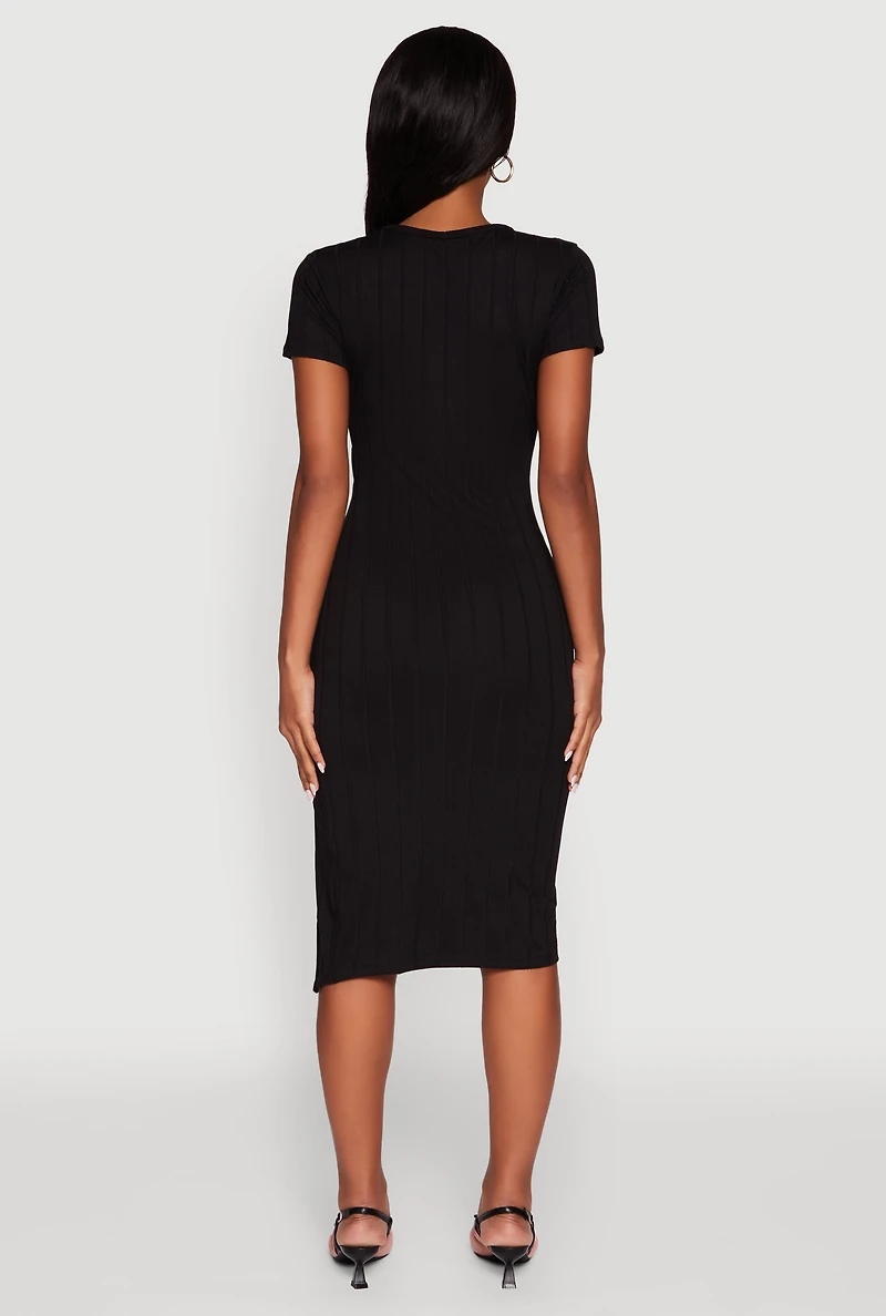 Womens Ribbed Knit Shadow Stripe Midi T-Shirt Dress,